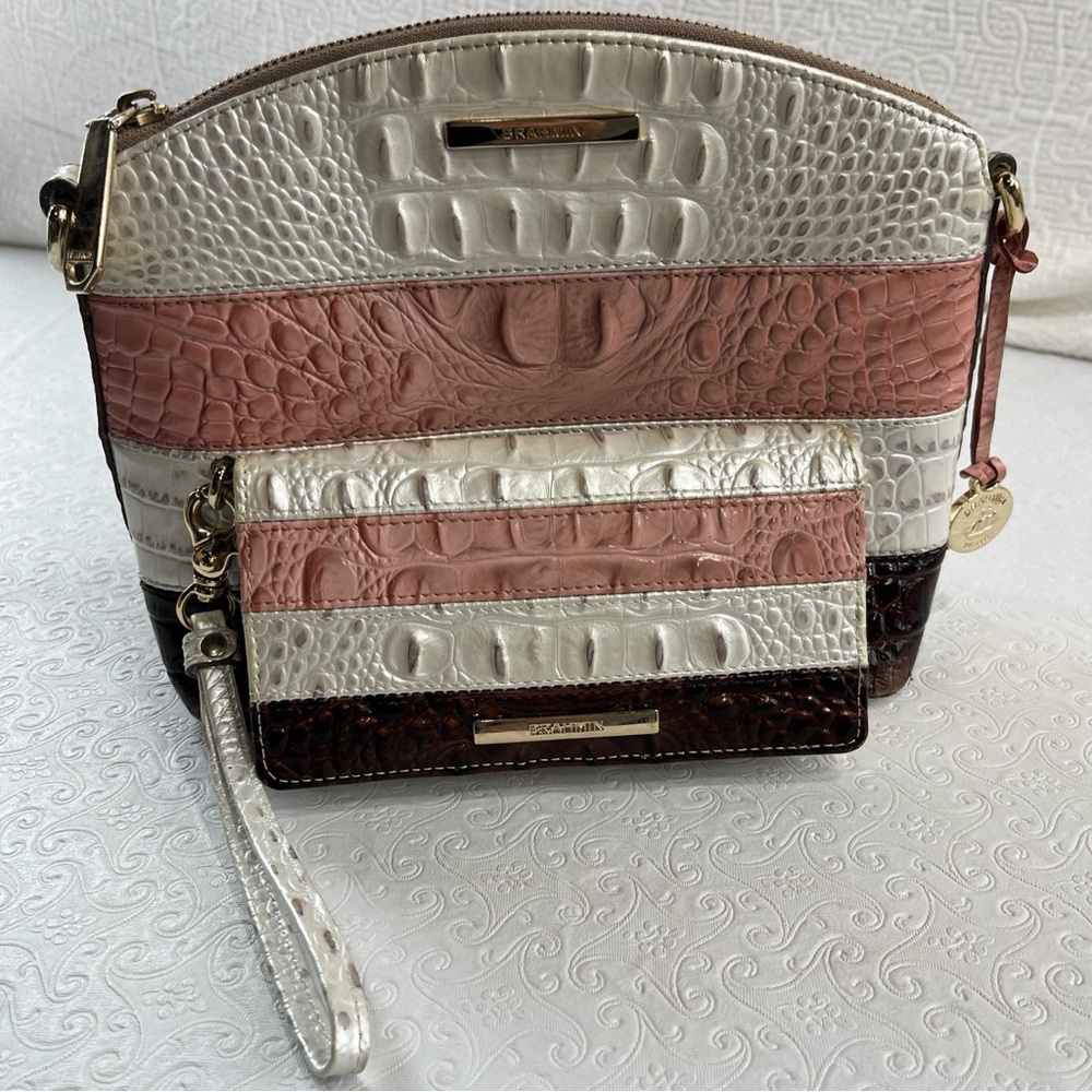 Brahmin Leather Shoulder Bag Wallet Set Toasted Macaroon Cassini Missing Strap